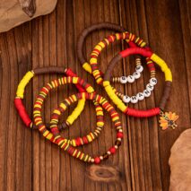 Colorful Thanksgiving Theme Turkey Charm Polymer Clay Letter Beaded Bracelet Set - ArtGalleryZen