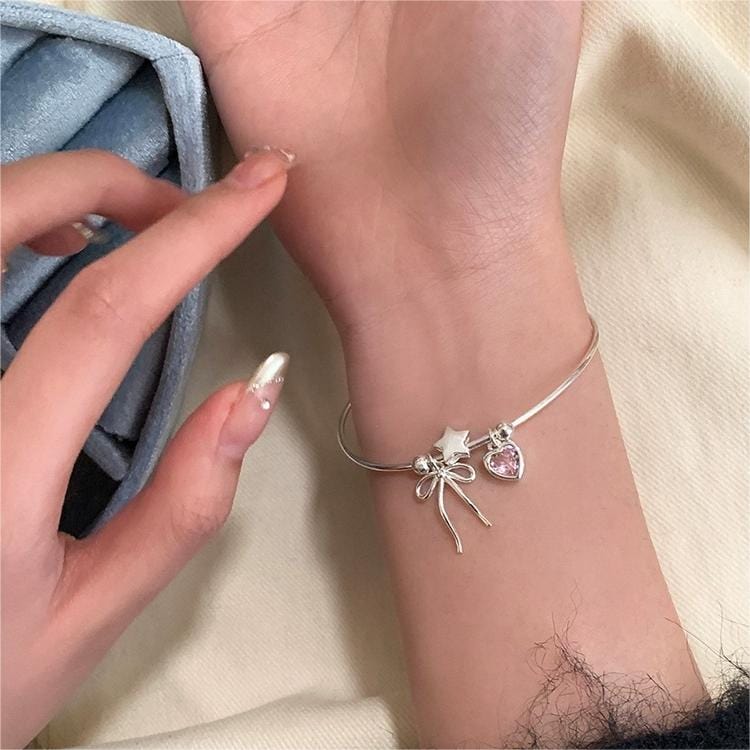 Crystal Heart Star Ribbon Bangle Bracelet - ArtGalleryZen