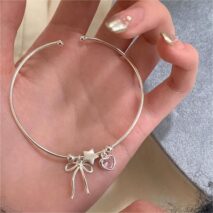 Crystal Heart Star Ribbon Bangle Bracelet - ArtGalleryZen