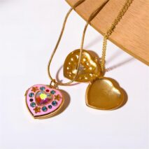 Crystal Inlaid 18K Gold Filled Enamel Heart Locket Necklace - ArtGalleryZen