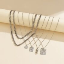 Cuban Layered Round Disk Ring Buckle Square Pendant Chunky Curb Chain Necklace Set - ArtGalleryZen
