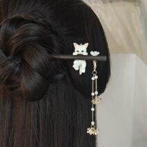 Cute Cat Pendant Flower Pearl Tassel Wooden Hair Fork Hair Pin - ArtGalleryZen