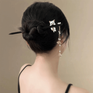 Cute Cat Pendant Flower Pearl Tassel Wooden Hair Fork Hair Pin - ArtGalleryZen