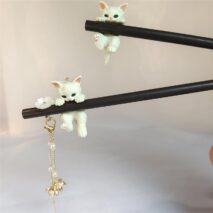 Cute Cat Pendant Flower Pearl Tassel Wooden Hair Fork Hair Pin - ArtGalleryZen