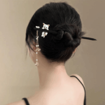 Cute Cat Pendant Flower Pearl Tassel Wooden Hair Fork Hair Pin - ArtGalleryZen