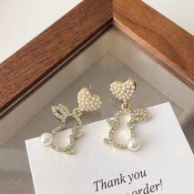 Cute CZ Inlaid Dangling Pearl Heart Rabbit Earrings - ArtGalleryZen