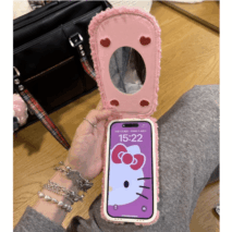 Cute Hello Kitty Embroidery Plush Mirror Flip iPhone Case - ArtGalleryZen