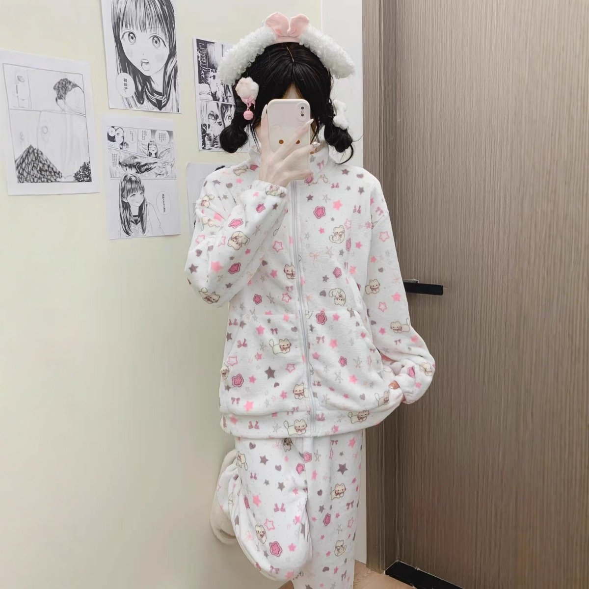 Cute Kitten Star Rilakkuma Winter Fluffy Pajama Set - ArtGalleryZen