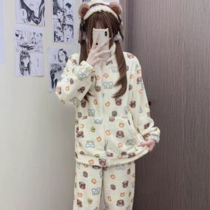 Cute Kitten Star Rilakkuma Winter Fluffy Pajama Set - ArtGalleryZen