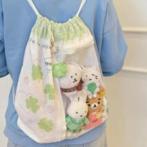 Cute Lucky Clover Strawberry Puppy Kpop Fan Display Drawstring Backpack - ArtGalleryZen