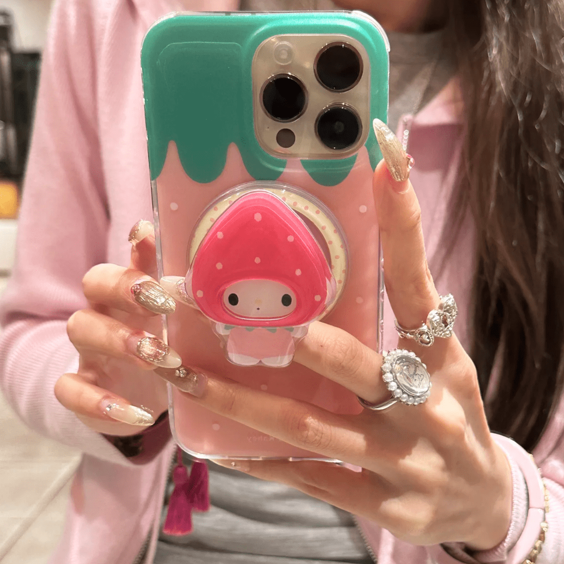 Cute My Melody Strawberry Mirror Magnetic Stand iPhone Case - ArtGalleryZen