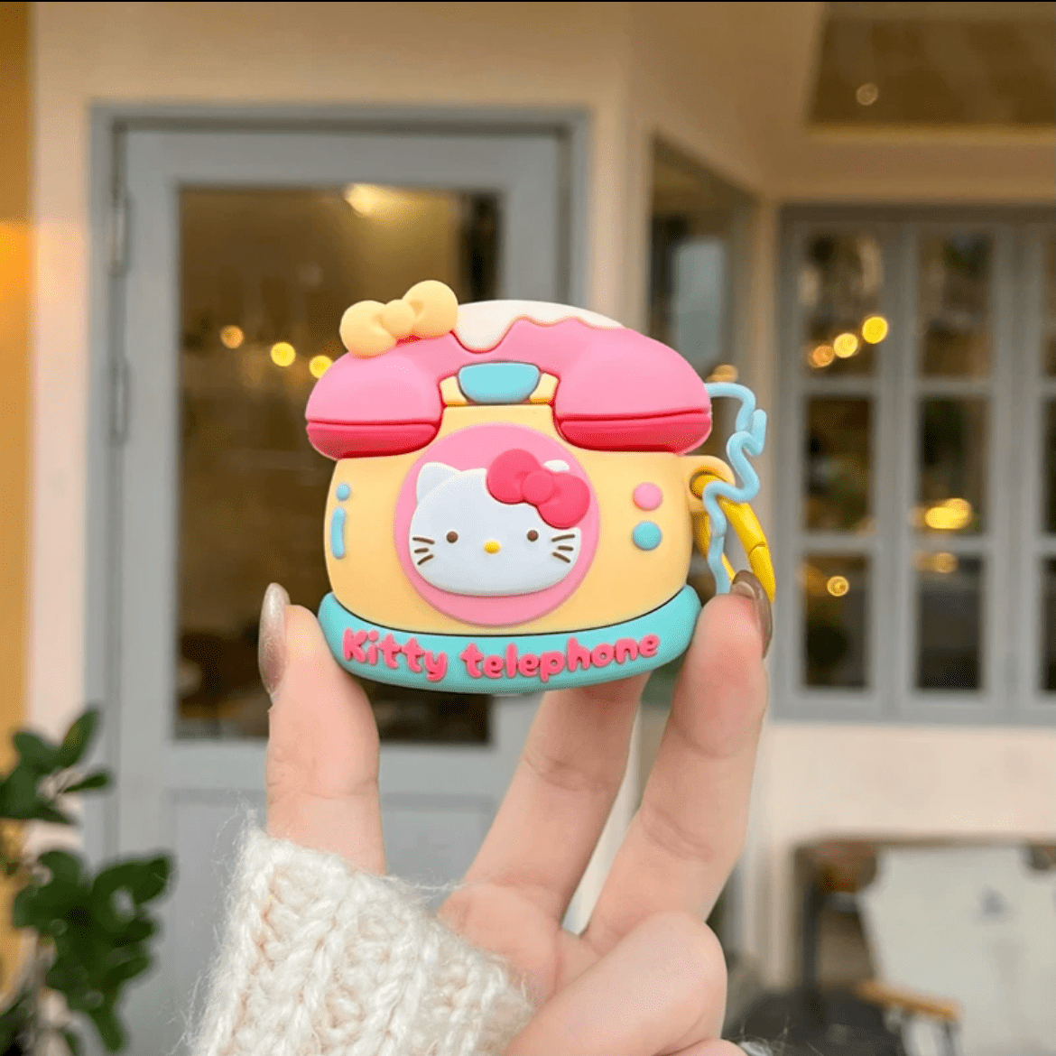 Cute Telephone Hello Kitty AirPods Earphone Case With Rabbit Ball Chain - ArtGalleryZen