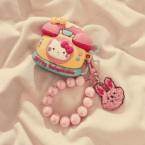 Cute Telephone Hello Kitty AirPods Earphone Case With Rabbit Ball Chain - ArtGalleryZen