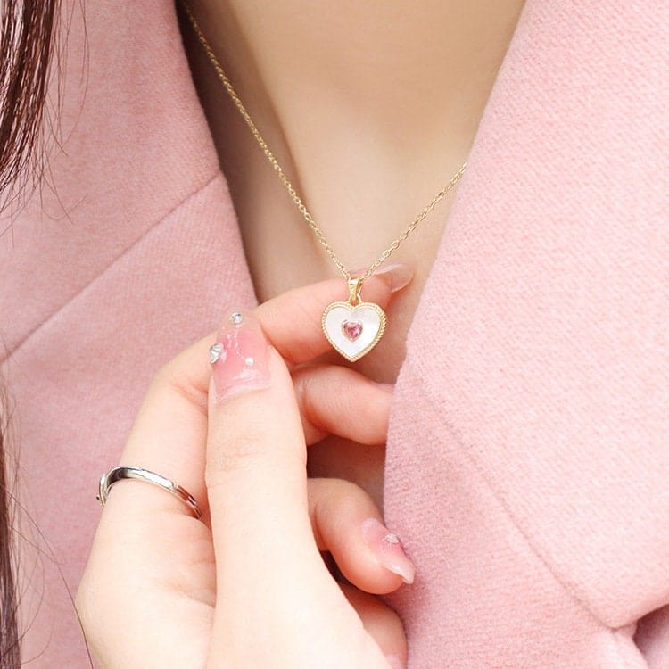 Dainty 18K Gold Filled Rhinestone Inlaid Natural Shell Heart Pendant Necklace - ArtGalleryZen