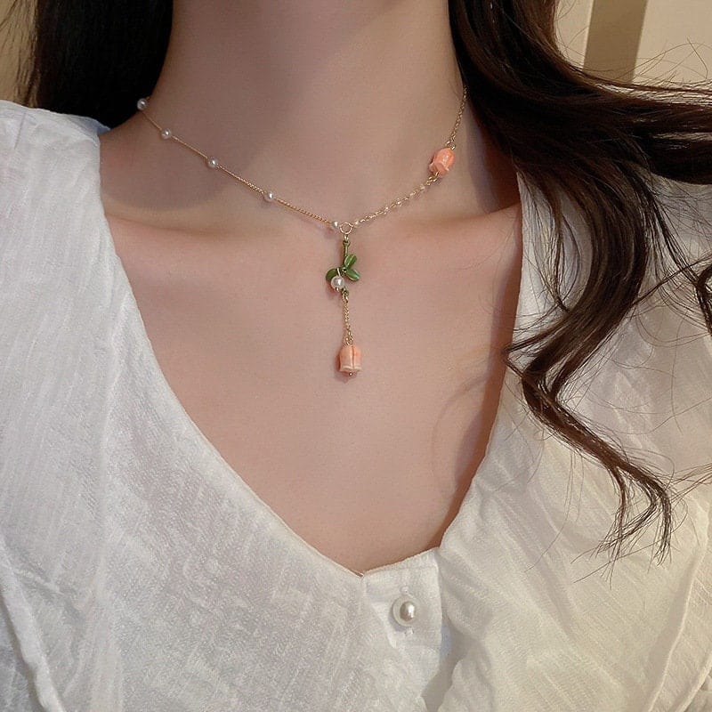 Dainty 24K Gold Filled Pink Tulip Crystal Pearl Chain Necklace Earrings Set - ArtGalleryZen