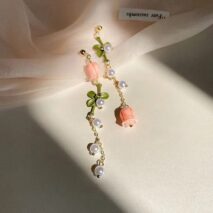 Dainty 24K Gold Filled Pink Tulip Crystal Pearl Chain Necklace Earrings Set - ArtGalleryZen