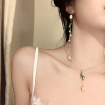 Dainty 24K Gold Filled Pink Tulip Crystal Pearl Chain Necklace Earrings Set - ArtGalleryZen