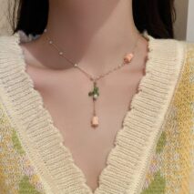 Dainty 24K Gold Filled Pink Tulip Crystal Pearl Chain Necklace Earrings Set - ArtGalleryZen