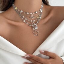 Dainty 6pcs Hollow Star Pendant Pearl Crystal Chain Necklace Set - ArtGalleryZen
