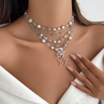 Dainty 6pcs Hollow Star Pendant Pearl Crystal Chain Necklace Set - ArtGalleryZen