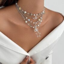 Dainty 6pcs Hollow Star Pendant Pearl Crystal Chain Necklace Set - ArtGalleryZen