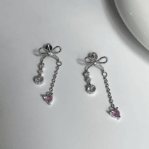 Dainty Bowknot Crystal Inlaid Heart Tassel Chain Earring - ArtGalleryZen