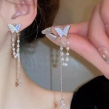 Dainty Butterfly Pearl Chain Rhinestone Tassel Ear Cuff Earrings - ArtGalleryZen