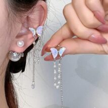 Dainty Butterfly Pearl Chain Rhinestone Tassel Ear Cuff Earrings - ArtGalleryZen