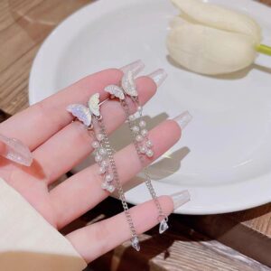 Dainty Butterfly Pearl Chain Rhinestone Tassel Ear Cuff Earrings - ArtGalleryZen