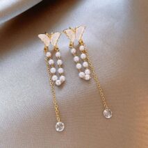 Dainty Butterfly Pearl Chain Rhinestone Tassel Ear Cuff Earrings - ArtGalleryZen