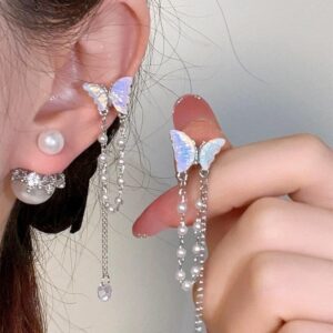 Dainty Butterfly Pearl Chain Rhinestone Tassel Ear Cuff Earrings - ArtGalleryZen