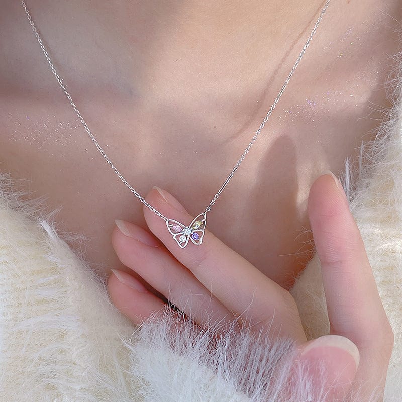 Dainty Colorful CZ Inlaid Butterfly Necklace - ArtGalleryZen