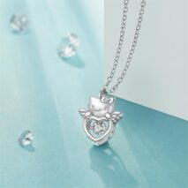 Dainty Crystal Beating Heart Angel Kitty Necklace - ArtGalleryZen