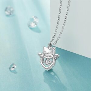 Dainty Crystal Beating Heart Angel Kitty Necklace - ArtGalleryZen