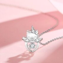 Dainty Crystal Beating Heart Angel Kitty Necklace - ArtGalleryZen