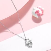 Dainty Crystal Beating Heart Angel Kitty Necklace - ArtGalleryZen