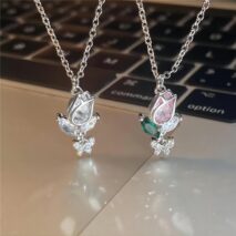 Dainty Crystal Butterfly Tulip Necklace - ArtGalleryZen