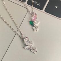Dainty Crystal Butterfly Tulip Necklace - ArtGalleryZen