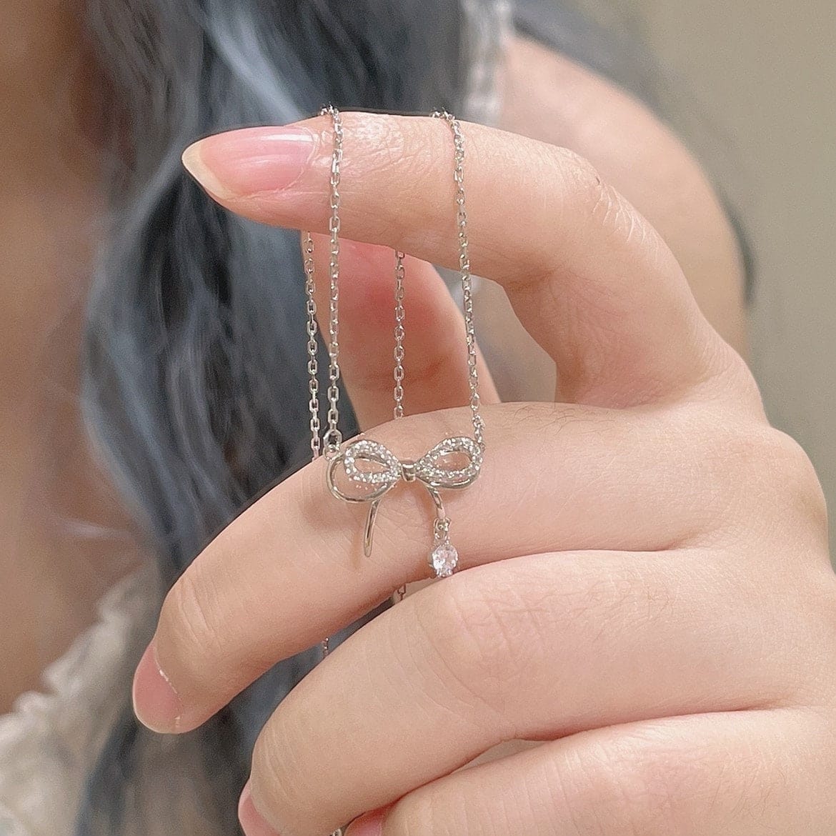 Dainty CZ Inlaid Bowknot Charm Necklace - ArtGalleryZen