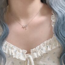Dainty CZ Inlaid Bowknot Charm Necklace - ArtGalleryZen