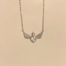 Dainty CZ Inlaid Crown Heart Angel Wings Necklace - ArtGalleryZen