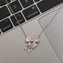 Dainty CZ Inlaid Crystal Bowknot Star Necklace - ArtGalleryZen