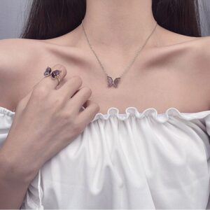 Dainty CZ Inlaid Crystal Butterfly Necklace Earrings Ring Set - ArtGalleryZen