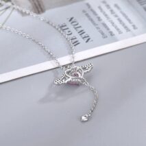 Dainty CZ Inlaid Pink Crystal Cupid Heart Wings Necklace - ArtGalleryZen