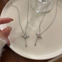 Dainty CZ Inlaid Crystal Cupid Heart Wings Matching Necklace - ArtGalleryZen