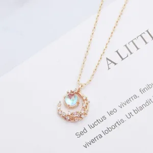Dainty CZ Inlaid Crystal Moon Necklace - ArtGalleryZen