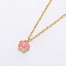 Dainty CZ Inlaid Enamel Pink Cherry Blossom Pendant Necklace - ArtGalleryZen
