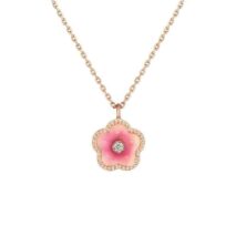 Dainty CZ Inlaid Enamel Pink Cherry Blossom Pendant Necklace - ArtGalleryZen