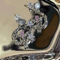 Dainty CZ Inlaid Heart Dangling Moon Star Elf Earrings - ArtGalleryZen