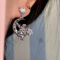Dainty CZ Inlaid Heart Dangling Moon Star Elf Earrings - ArtGalleryZen